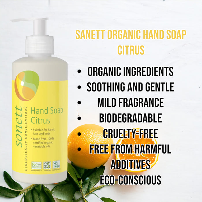 Sanett Organic Hand Soap Citrus (10 fl.oz/300 ml) ( Pack of 1 ) ( Pack of 2 ) ( Pack of 6 )