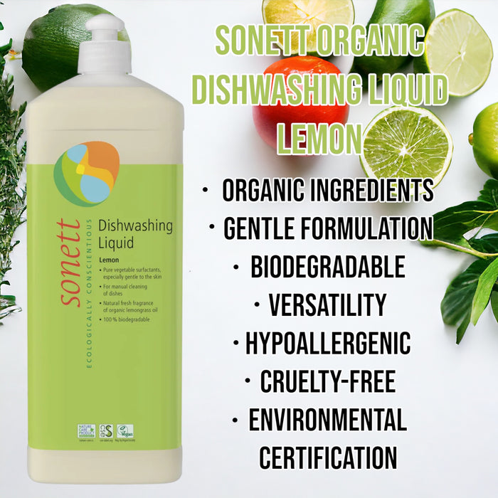 Sonett Organic Dishwashing Liquid Lemon (34 fl.oz / 1L) ( Pack of 1 ) ( Pack of 2 ) (Pack of 6 )