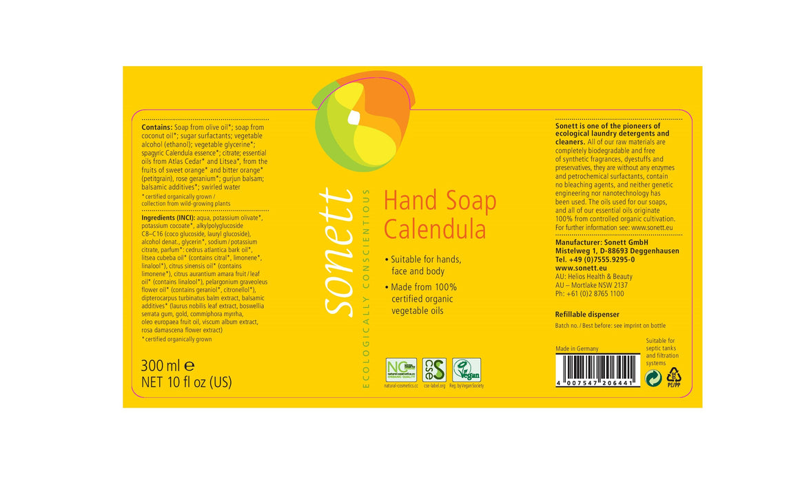 Sonett Organic Hand Soap Calendula (10 fl.oz/ 300 ml) ( Pack of 1 ) ( Pack of 2 ) ( Pack of 6 )