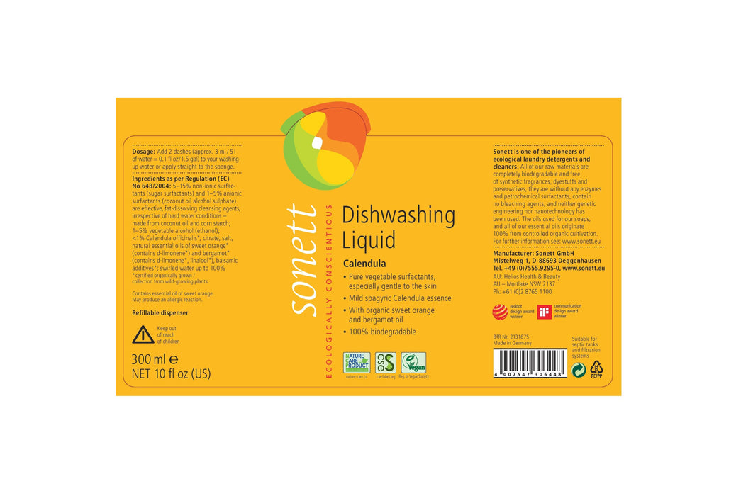 Sonett Organic Dishwashing Liquid Calendula (10 fl. oz/ 300ml) ( Pack of 1 ) ( Pack of 2 ) ( Pack of 6 )