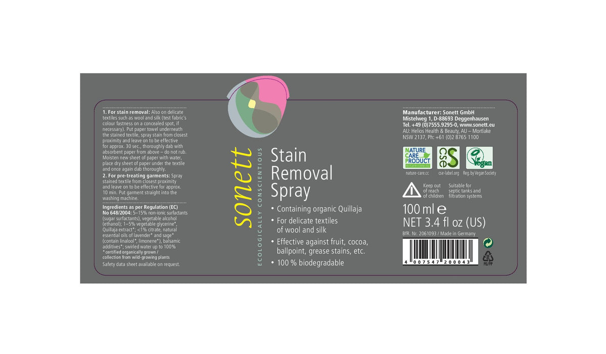 Sonett Organic Stain Removal Spray (3.5 fl.oz/100ml) ( Pack of 1 ) ( Pack of 2 ) ( Pack of 6 )