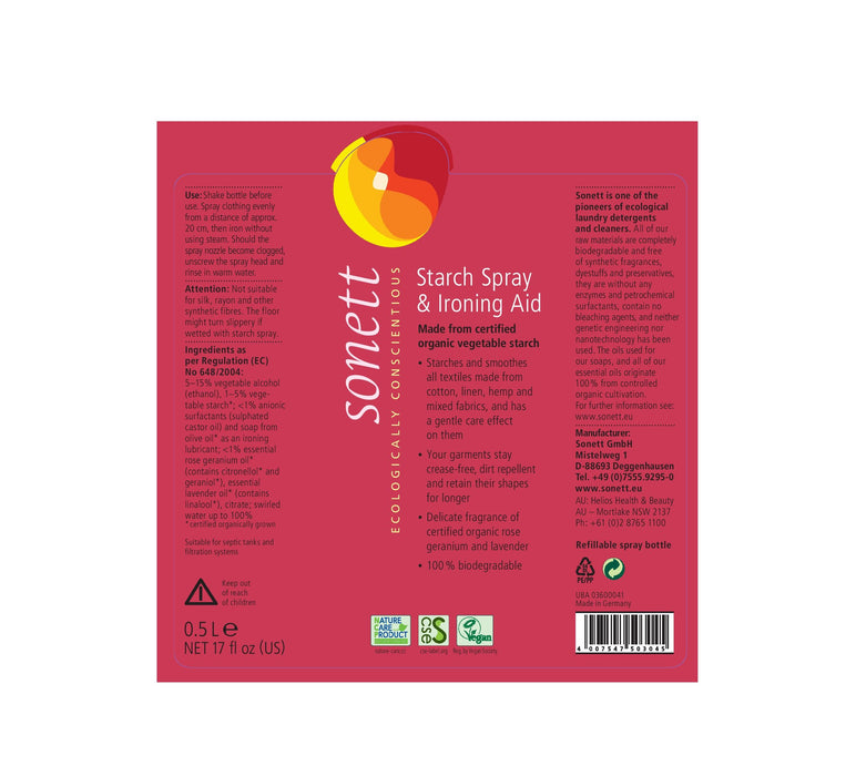 Sonett Organic Starch Spray and Ironing Aid (17 fl.oz/500ml) ( Pack of 1 ) ( Pack of 2 ) ( Pack of 6 )