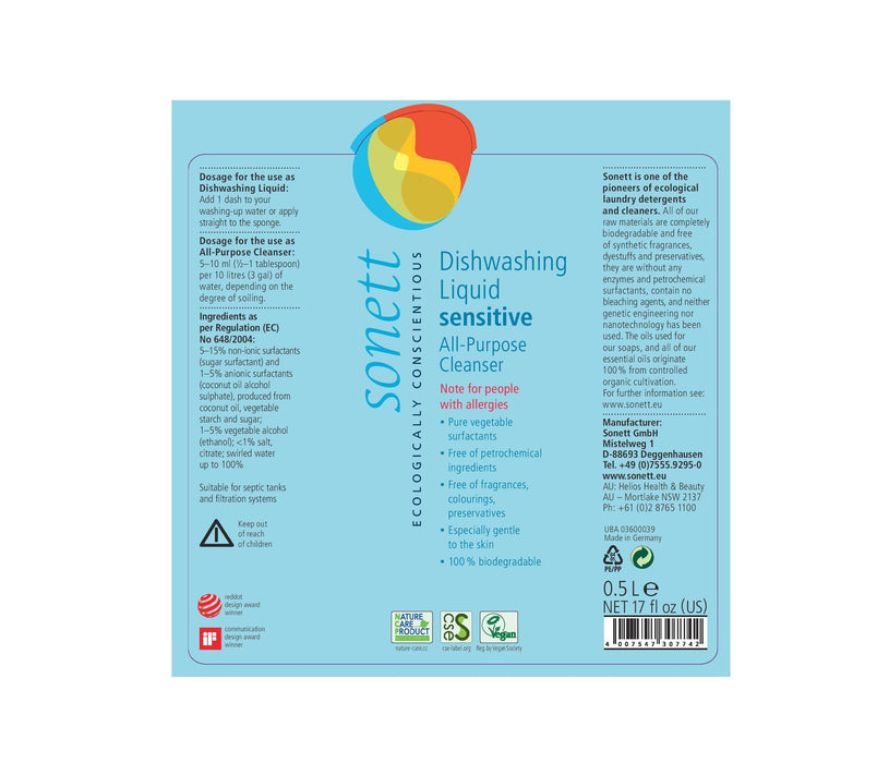 Sonett Organic Dishwashing Liquid/All-Purpose Cleanser Sensitive (17 fl.oz/0.5 ( Pack of 1) (Pack of 2) Pack of 6 )