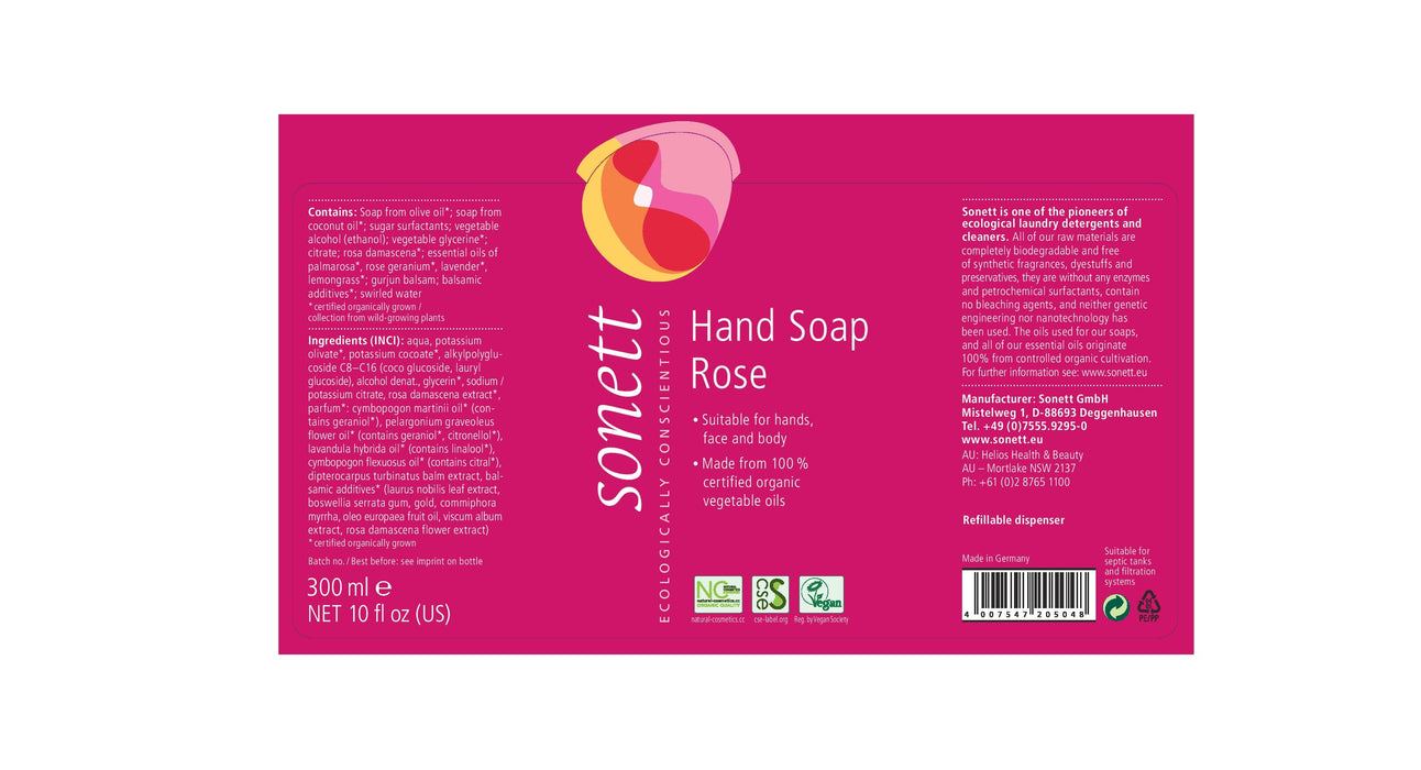 Sonett Organic Hand Soap Rose (10 fl.oz/300 ml) ( Pack of 1 ) ( Pack of 2 ) ( Pack of 6 )