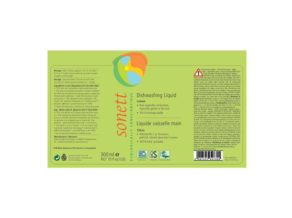 Sonett Organic Dishwashing Liquid Lemon (10 fl.oz/ 300 ml) ( Pack of 1 ) ( Pack of 2 ) ( Pack of 6 )