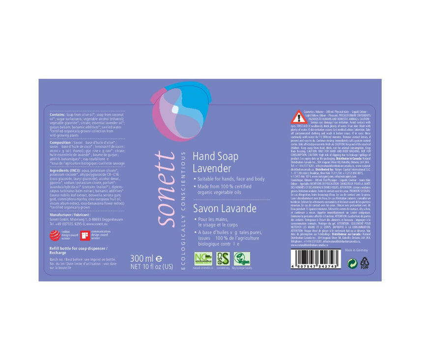 Sonett Organic Hand Soap Lavender (10 fl.oz/300 ml) ( Pack of 1 ) ( Pack of 2 ) ( Pack of 6 )